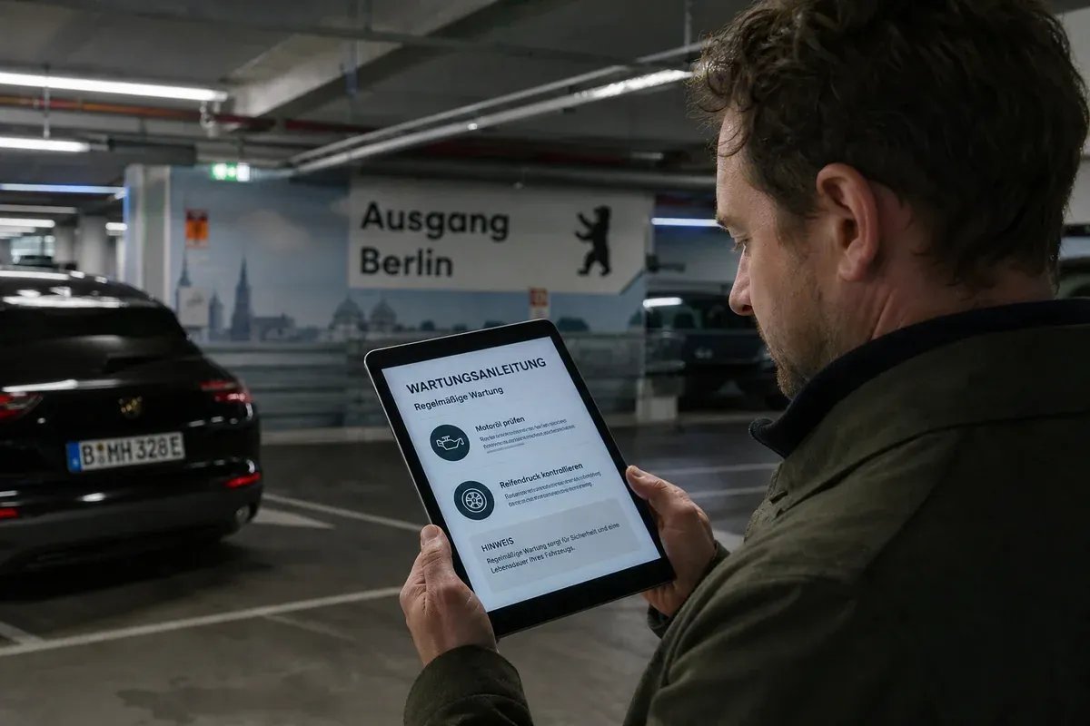 Stadtfahrer liest Fahrzeuginformationen auf Tablet in Parkhaus, 1200x800