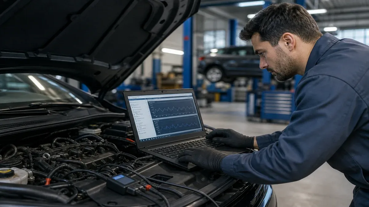OBD-Diagnose am Stadtfahrzeug mit Stop-and-Go-Verkehr im Hintergrund, 1200x675